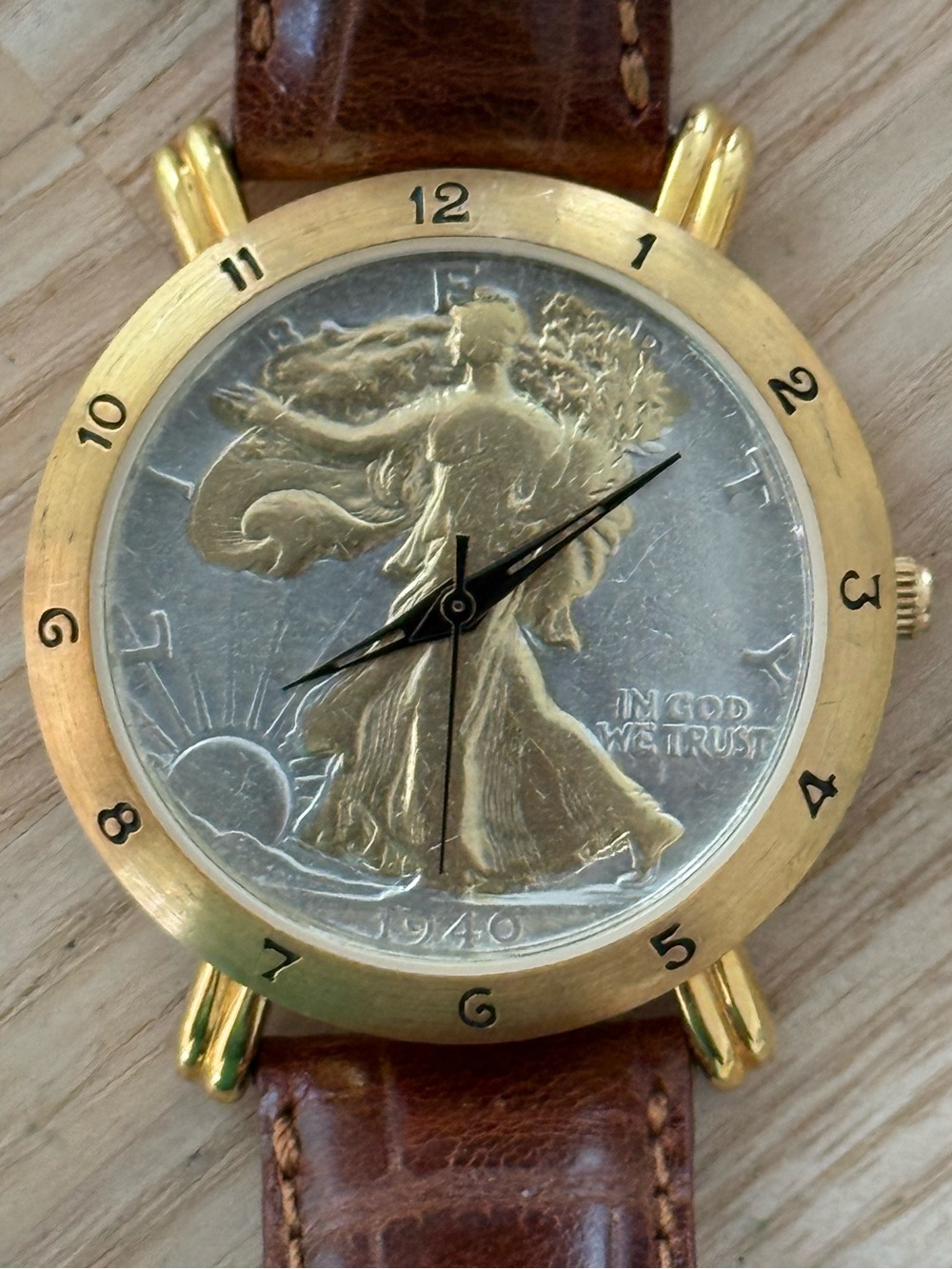 Brittania 1940 Walking Liberty Coin Watch Two-Tone Dial Gold Case Leather Strap